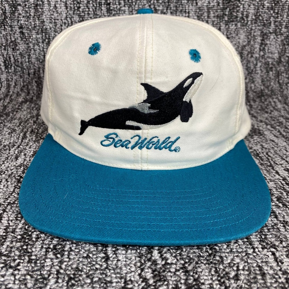 VTG SeaWorld Shamu Orca Snapback Hat Extinction Is Forever Teal White Cap 80s